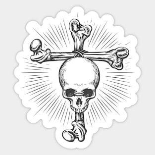 Human Skull fastened to Cross Made of Bones. Tattoo in engraving style. Sticker